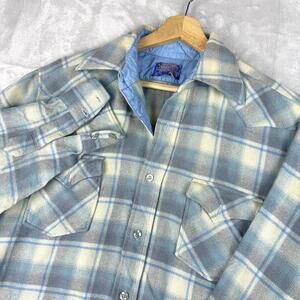Vintage 1970s Pendleton Wool Plaid Shirt Blue Yellow L USA Made Flannel ‘Read’